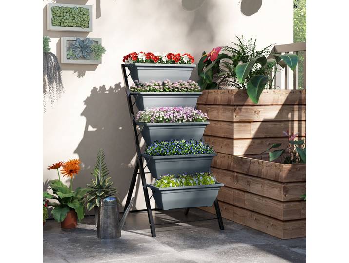 Outsunny Jardinière Surélevée 5 Bacs Acier Gris avec Drainage