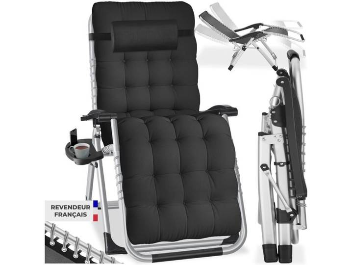 Chaise longue - TECTAKE - Chaise longue CLOUD en acier pliable et réglable avec coussins amovibles 84 x 103 x 113 cm - Noir