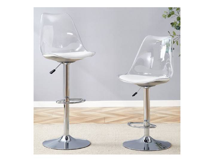 Fine Life Pro Barhocker 2 Barhocker höhenverstellbar, transparent, PU-Sitz, silberne Beine, 360° drehbar, für Küche und Bistros geeignet