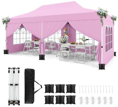 Costway 10 x 20 Feet Pop up Canopy with 6 Sidewalls Windows and Carrying Bag-Pink