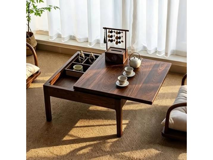 Japanischer Bodentisch, Couchtisch Massivholz, niedriger Tatami-Teetisch Mit Schubladen und Fächern, Altartisch Meditation, Holztisch mit Stauraum für Wohnzimmer(70cm/27.5in)