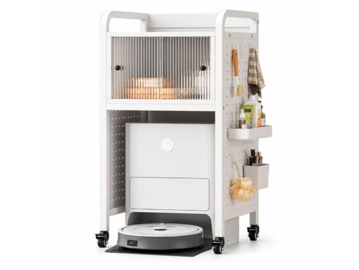 Aufbewahrungsschrank für Saugroboter, Saugroboter Verstecken Schrank Rollen Freistehendes Platzsparendes Regal, Lochwand, Schiebetüren, für Wohnzimmer, Eingangsbereich, Schlafzimmer, Homeoffice(White)