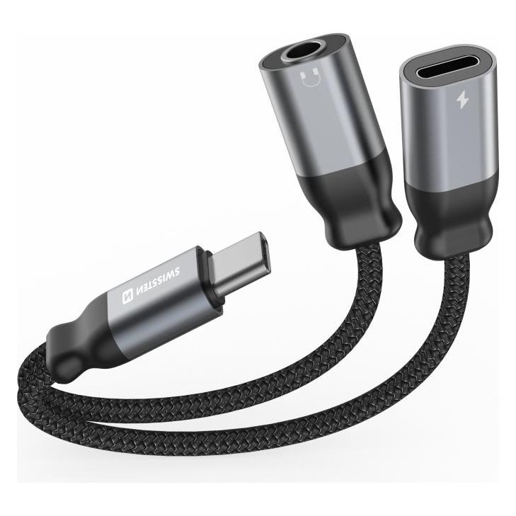 Swissten Audioadapter Textil USB-C (male) / USB-C (female) und 3,5mm AUX 0.12 M Schwarz (73502301)
