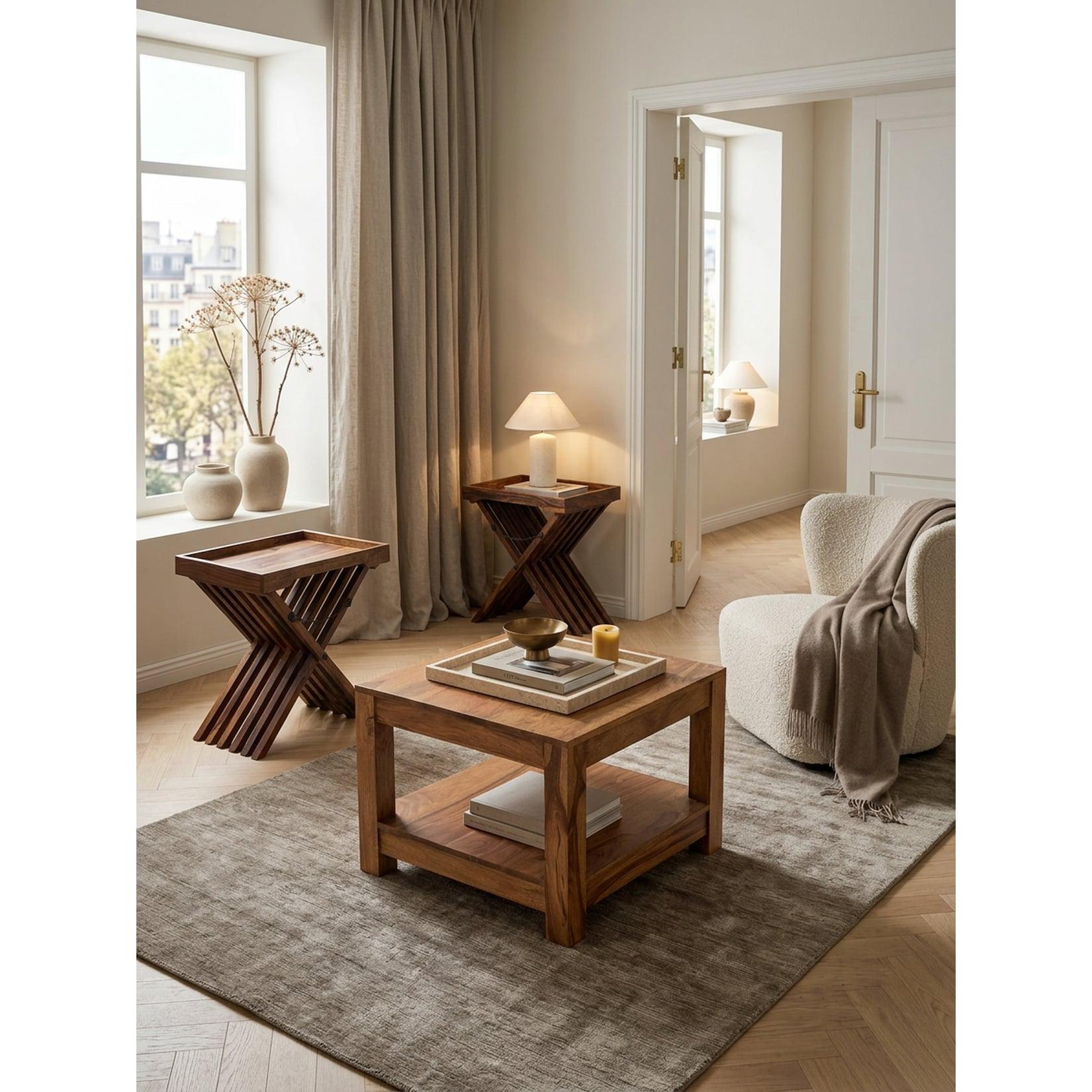 Couchtisch MUMBAI aus Massivholz – Landhausstil im kompakten Design, Akazie 60x60x45 cm