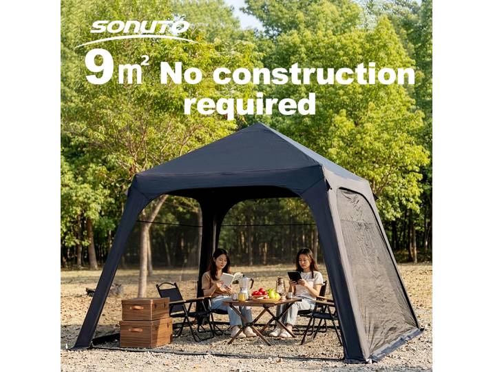 Tente de camping gonflable Sonuto pour 4 à 6 personnes avec auvent, tente pneumatique imperméable PU3000mm, lit cabane de glamping à installation instantanée 4 saisons
