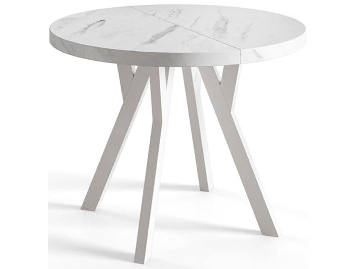 AlpiMeble Esstisch Ausziehbar OVO, 90-190cm, Stabile Beine, Marmur Runder Tisch, Moderner Design, Wohnzimmertisch und Küchentisch, Stabile Konstruktion, Weiße Beine