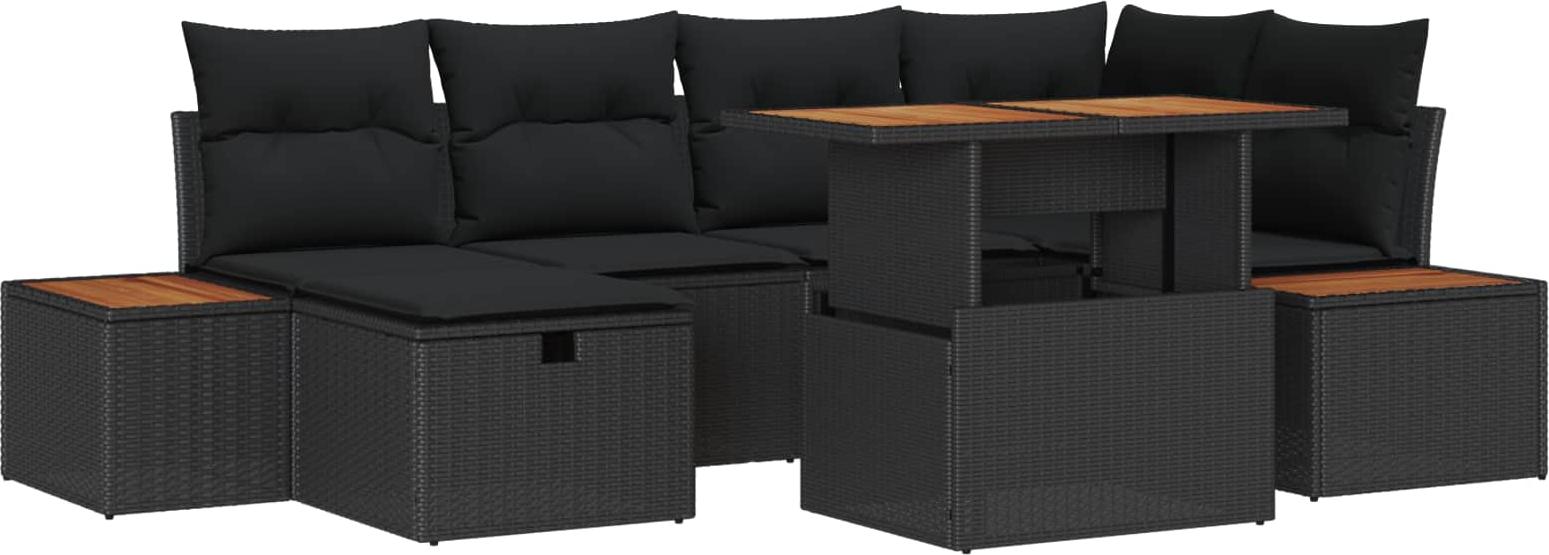 Gartenmöbel-Set, 7-teiliges Sofa-Set für 6 Personen, Poly-Rattan & Akazienholz, Schwarz, mit höhenverstellbarem Gartentisch & Fußhocker