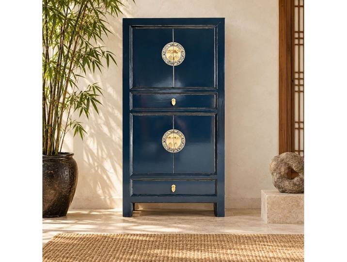 OPIUM OUTLET Kleiderschrank Schrank Hochzeitsschrank Asia Möbel komplett montiert (Wohnzimmer Schlafzimmer Antik-Stil, Hoch-Kommode BxTxH: 80x42x154 cm) Vintage-Stil asiatisch chinesisch orientalisch