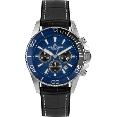 Chronograph JACQUES LEMANS "Liverpool Diver", blau (schwarz, blau, silberfarben, blau), Armbanduhren, Herren, silberfarben, Chronograph, Quarzuhr, Armbanduhr, Herrenuhr, Lederarmband, analog, Tag