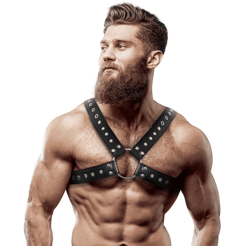FETISH SUBMISSIVE ATTITUDE HARNAIS POITRINE CROSS-OVER EN CUIR ÉCOLOGIQUE POUR HOMMES AVEC CLOUS
