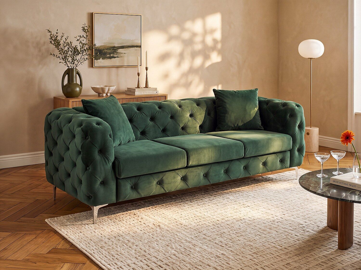 Unique Sofá chesterfield de 3 plazas de pana verde - EDWINA