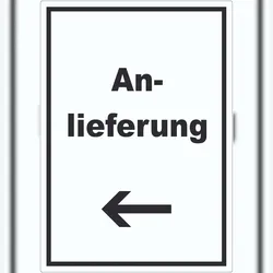 HB-Druck Anlieferung Aufkleber mit Text und Richtungspfeil links Annahme hochkant A1 (594x841mm)