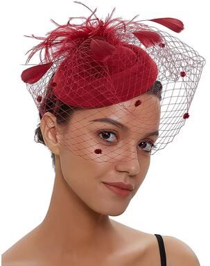 Fashion Sheath Vintage Bridal Felt Fascinator Hat With Fishnet Veil And Hair Clip For Weddings And Cocktail Parties wine Red