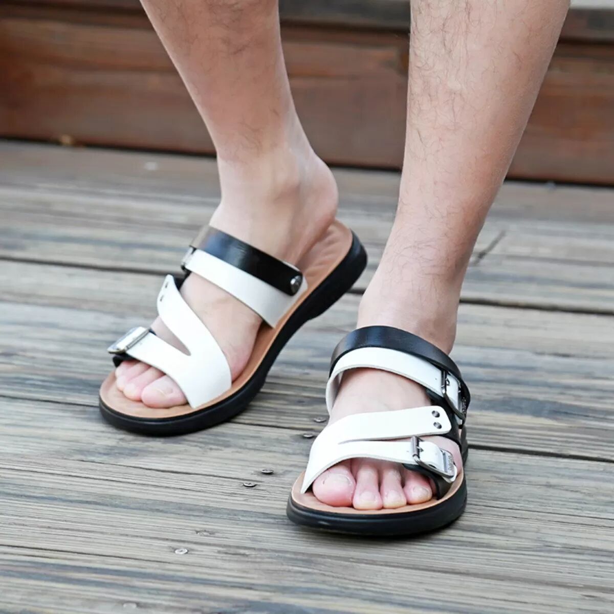 INF Modische Herren-Strandsandalen - Atmungsaktives & Bequemes Open-Toe Design Schwarz-Weiss 42