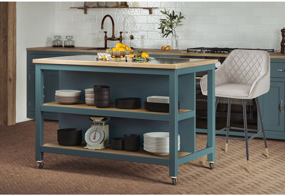 Ebern Designs Mounia 130 cm W Granite Top Kitchen Island with Wheels Blue 90cm H X 130cm W X 73cm D