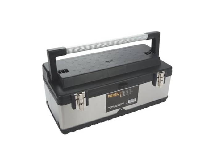 Perel Boîte à outils\, acier inoxydable\, avec poignée en aluminium\, plateau porte-outils amovible\, fermetures métalliques\, 590 x 280 x 255 mm
