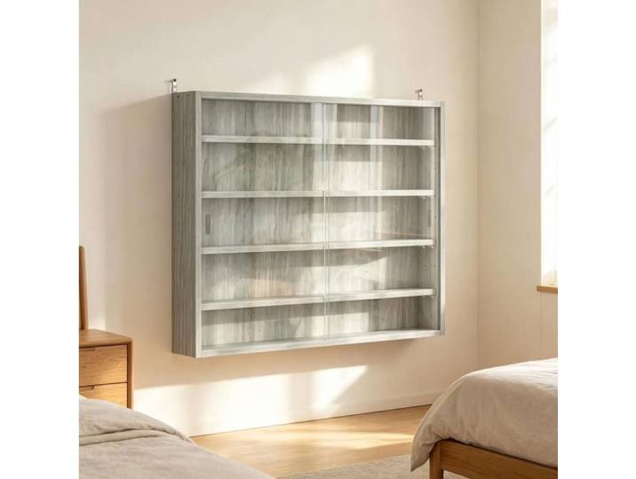 WOVREO Vitrine murale en verre 4 étagères réglables portes coulissantes gris panneau de particules mélaminé