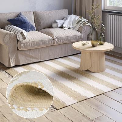 Teppich "Karim", beige (beige, weiß), B:160cm H:10mm L:230cm, Baumwolle, Polyester, MYFLAIR MÖBEL & ACCESSOIRES, Teppiche, Teppich, Handweb Teppich, gestreift, 90% Baumwolle, handgewebt, mit Fransen