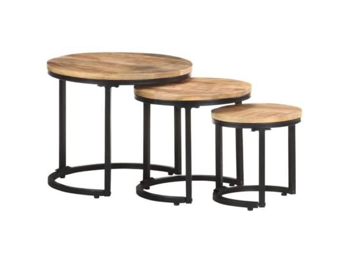 Favemtsl Beistelltische 3er Set Massivholz Mangoholz Rund Couchtisch Platzsparende Satztische im Industriestil für Wohnzimmer und Schlafzimmer, robustes Metallgestell mit Naturmaserung.