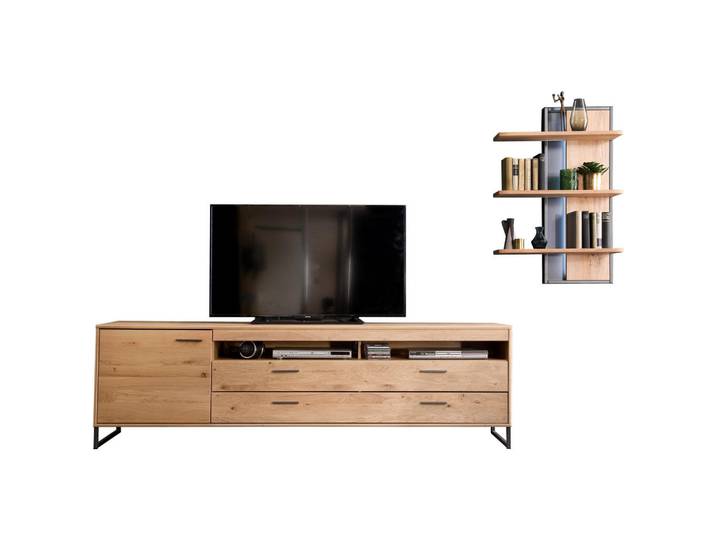 Livetastic Wohnwand Gaborone, Eiche, Metall, Asteiche, furniert, massiv, 1 Fächer, 2 Schublade(n) Schubladen, 265x183x50 cm, Made in EU, Beimöbel erhältlich, Wohnzimmer, Wohnwände, Anbauwände