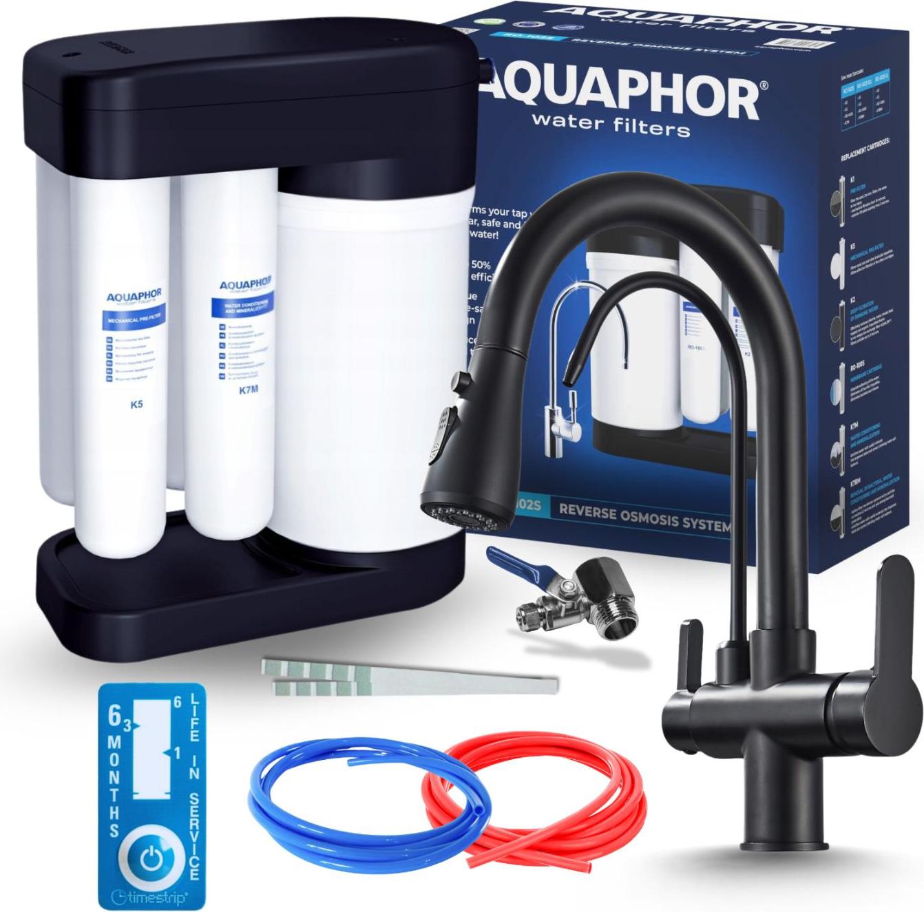 3-Wege Küchenarmatur Nordic mit Umkehrosmose Morion 102S RO, separater Auslauf für gefiltertes Wasser, herausziehbare Brause, drehbarer Auslauf, Schwarz