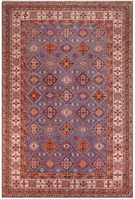 Treasured Knots Tribal Super Kazak Onyx Blue/Beige Hand Knotted Wool Rug - 9'0'' x 12'1''