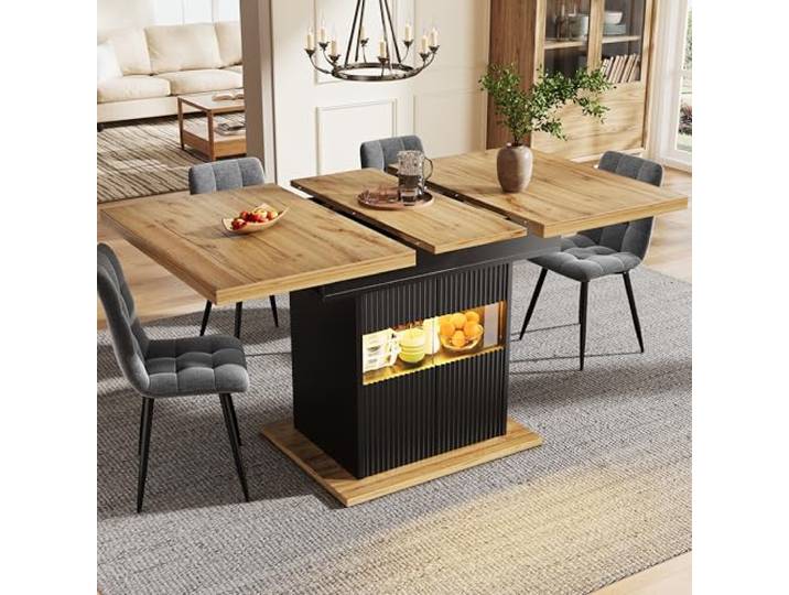 Aunvla Ausziehbarer Esstisch mit Stauraum & LED-Beleuchtung, 110-140cm, mit verstellbarem Einlegeboden, belastbar bis 60kg, Schwarz-Holz