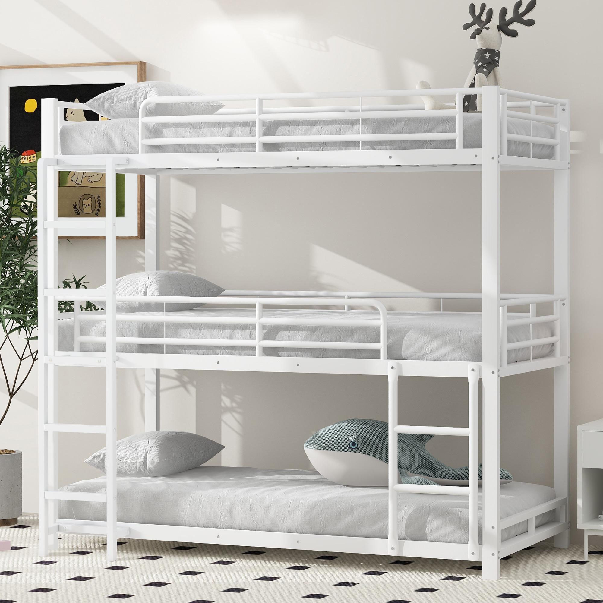 Sweiko 90x200cm Bettgestell Metallbett,Etagenbett,Eisenbett, Dreifach-Etagenbett für Kinder, Jugendliche und Erwachsene, Weiß