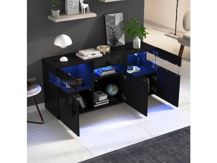 Buffet bas de salon AESVAR 140 cm 3 portes LED noir brillant acrylique