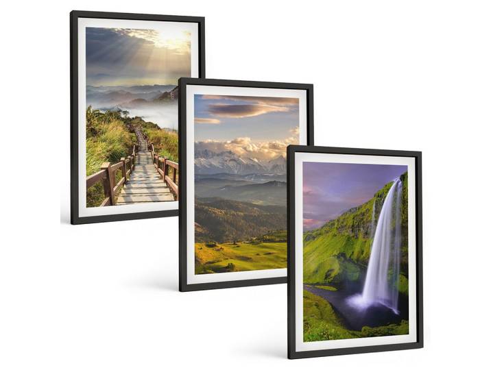 BILDER SET 3er Set - 40x60 cm Schwarzer Rahmen - Berglandschaften Wasserfall