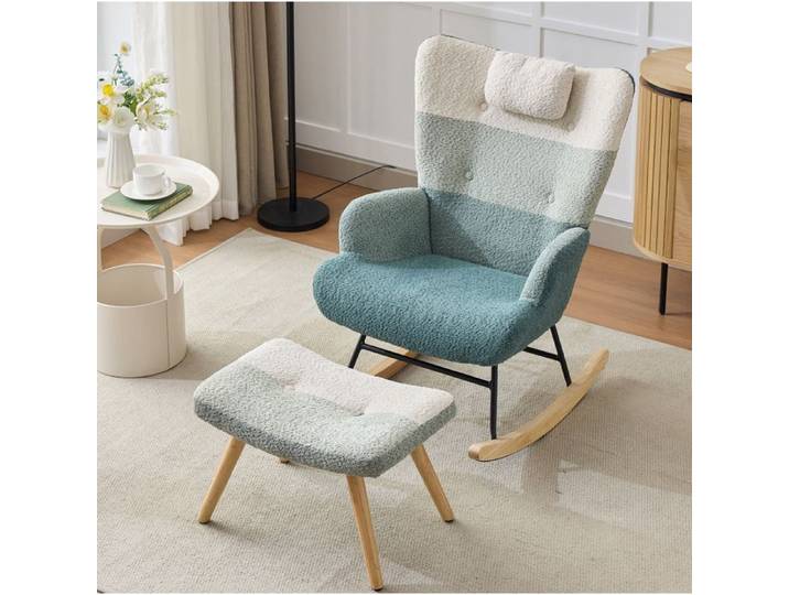 MEULVA Fauteuil à bascule bouclé multicolore avec repose-pieds dossier haut accoudoirs bois et métal