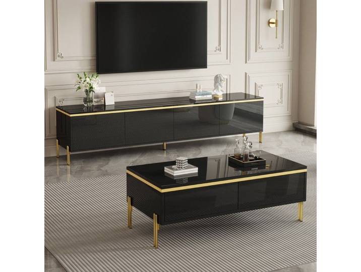 Ensemble meuble TV et table basse - ZEVKOR - Ensemble meuble TV mural - Noir - Brillant - 170x38x50 cm