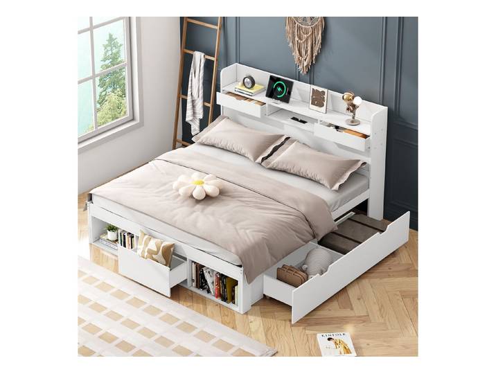 Flieks Holzbett, Doppelbett 140x190cm mit USB-Laden & Schubladen & Stauraumfächer