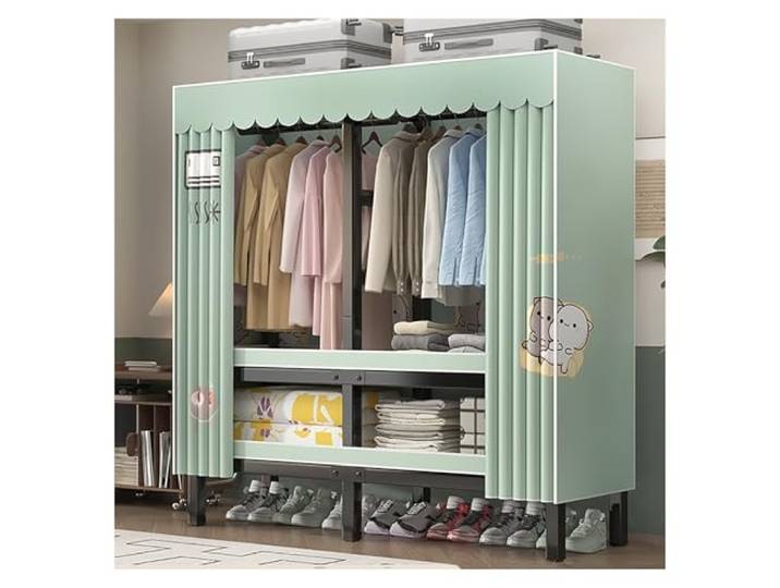 MmcdylyhEU Tragbarer, Faltbarer Kleiderschrank mit Abdeckung – freistehender Metall-Kleiderständer, Organizer, Stahlrohr-Kleideraufbewahrung(Green2,180x175x52cm)