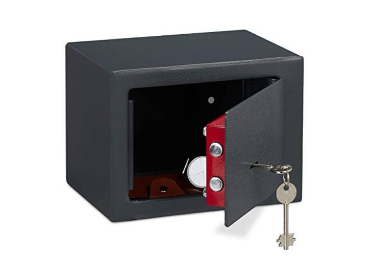 Relaxdays kluisje met sleutel, privekluis, vastzetten in muur of grond, mini safe, HBD: ca. 17x23x17 cm, grijs