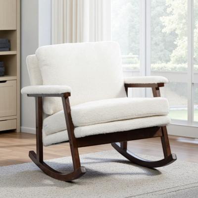 Mid Century Upholstered Rocking Accent Chair with Solid Wood Frame & Lumbar Pillow, Cozy Reading Armchair