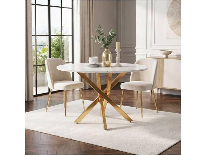 WOVREO Table à manger ronde 80 cm effet marbre blanc piètement croisé métal doré