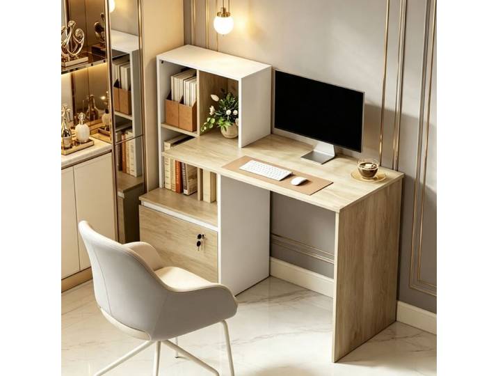 Bureau d'Ordinateur avec Bibliothèque-126x50x109cm-Chêne et Blanc