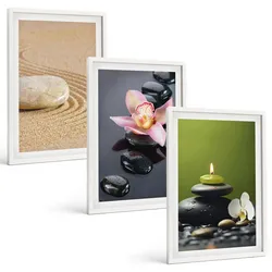 BILDER SET 3er Set - 40x60 cm Weißer Rahmen - Entspannende Zen-Steinmotive