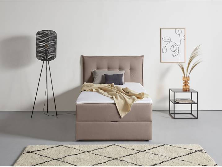 Boxbett, Struktur (Polyester), Grau (Taupe), 155×213 cm, Mit Bettkasten & Topper, Skandinavisch, andas