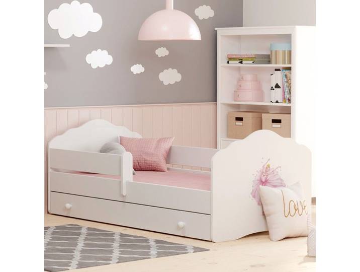 Lit enfant FALA 140x70 avec barrière matelas sommier et tiroir – avec illustration de princesse