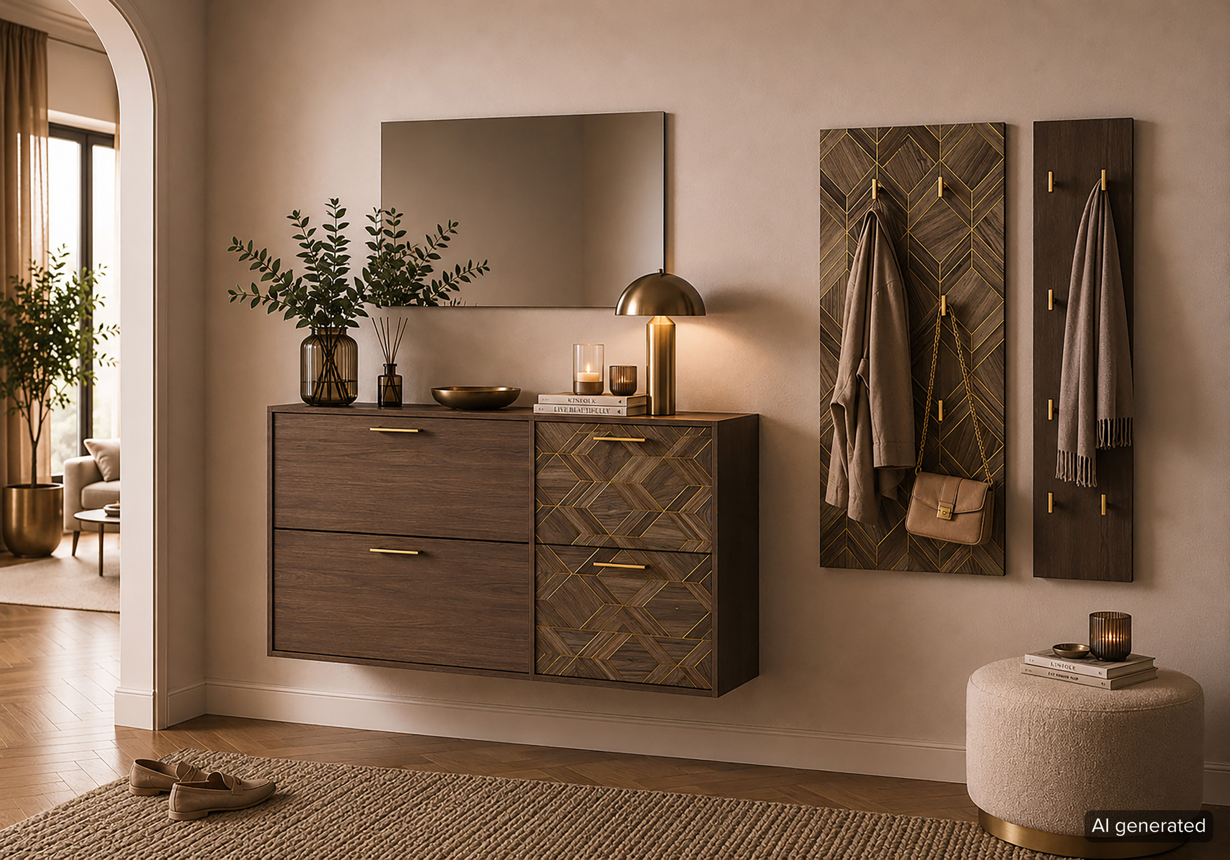Schuhkipper SCHILDMEYER "Glenn, Art-Déco Design mit eleganten Goldakzenten, Made in Germany", nussbaum matt, nussbaum art, déco, B:59,8cm H:83,2cm T:19,55cm, Holzwerkstoff, Sideboards, Schuhkipper, Nussbaum Art-Déco Design mit eleganten Goldakzenten, Made