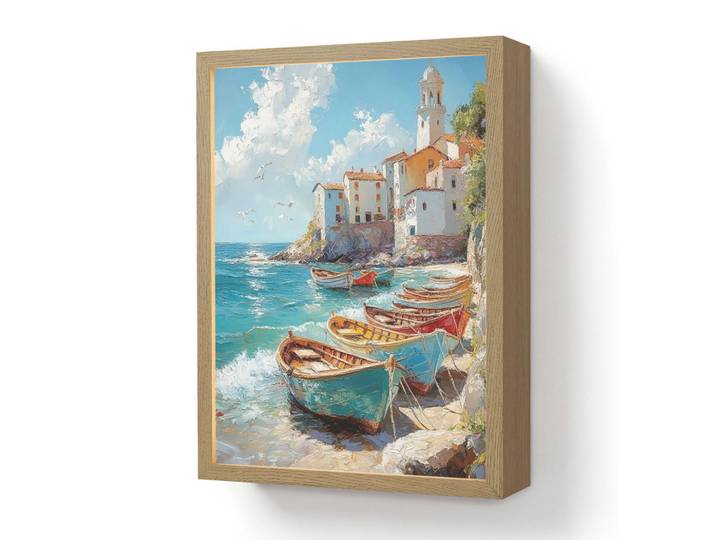 OnlyWow Wandleuchte MIT Akku Boote - Felsen - Meer - Sonne 30x40 cm, Blau, Rechteckig, LED integrated, 30x40x8 cm, Lampen & Leuchten, Innenbeleuchtung, Wandleuchten