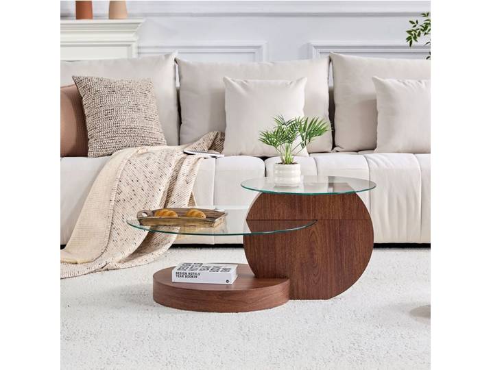 Table basse design italienne – MDF et verre – effet noyer – double niveau – 90 x 70 x 44 cm