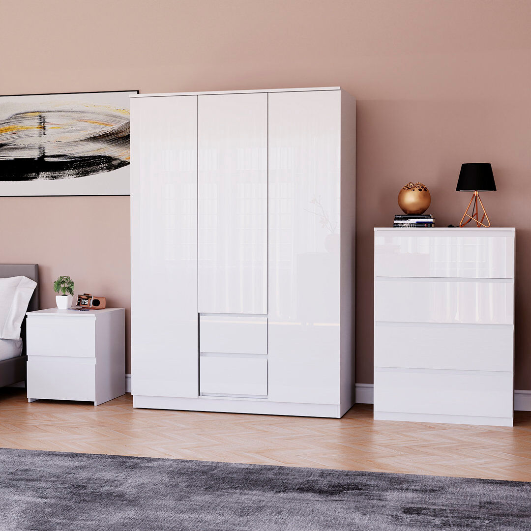 17 Stories Oslo 3 Piece Bedroom Set (2 Drawer Bedside Chest, 4 Drawer Chest, 3 Door 2 Drawer Wardrobe), (100% FSC) White
