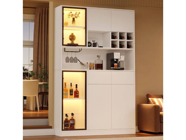 Vitrine haute armoire 120×33×200cm Armoire de séjour avec 6 portes 2 tiroirs Éclairage LED Compartiments ouverts Blanc