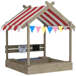 SANDKASTEN mit Dach, Sandkiste aus Holz mit Sitzplatz, Spielhaus für 3-7 Jahre
