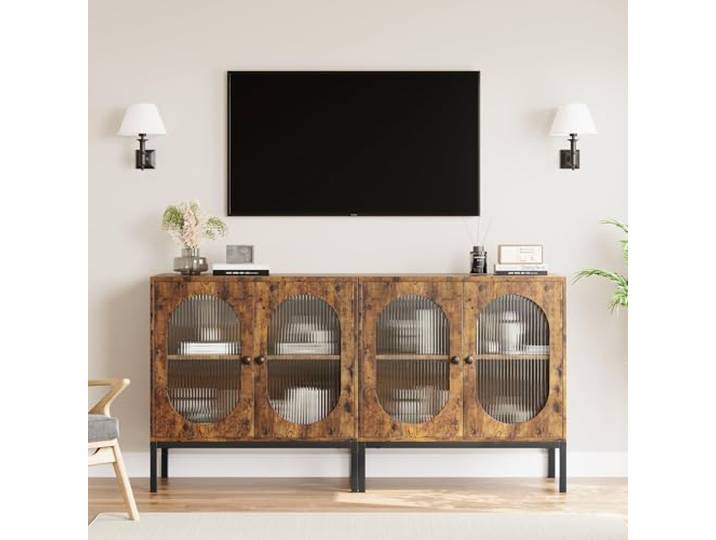 IDEALHOUSE 2er-Set Rustikale Sideboards Mit Geriffelten Glastüren – Buffet-Schrank für Esszimmer, Wohnzimmer & Küche