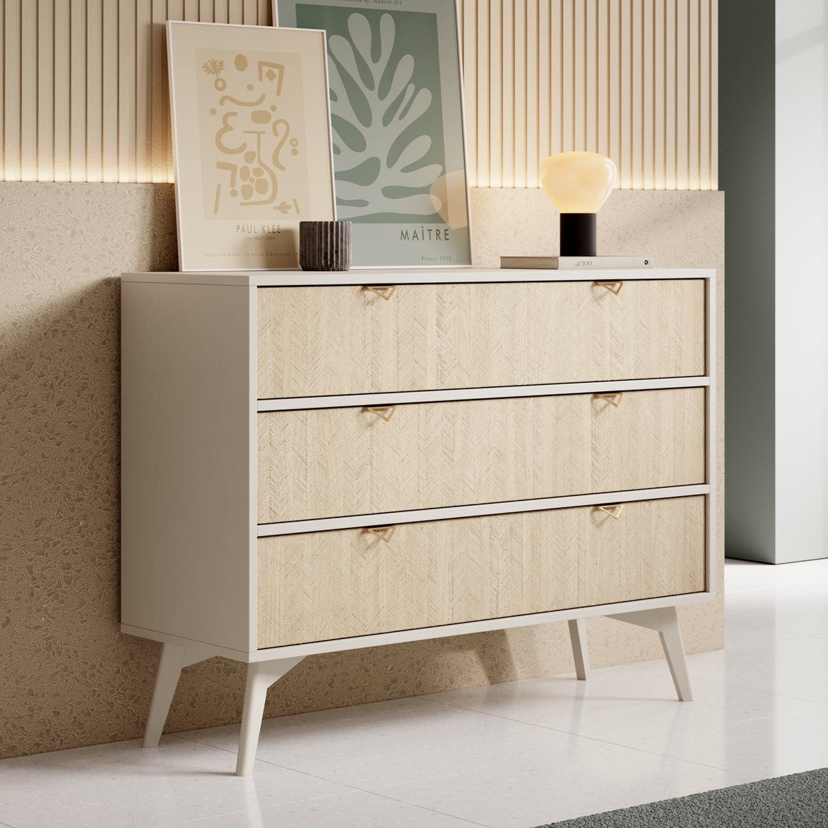 Meubella Ladekast Essence - Beige - Licht eiken - Hoogte: 106 cm