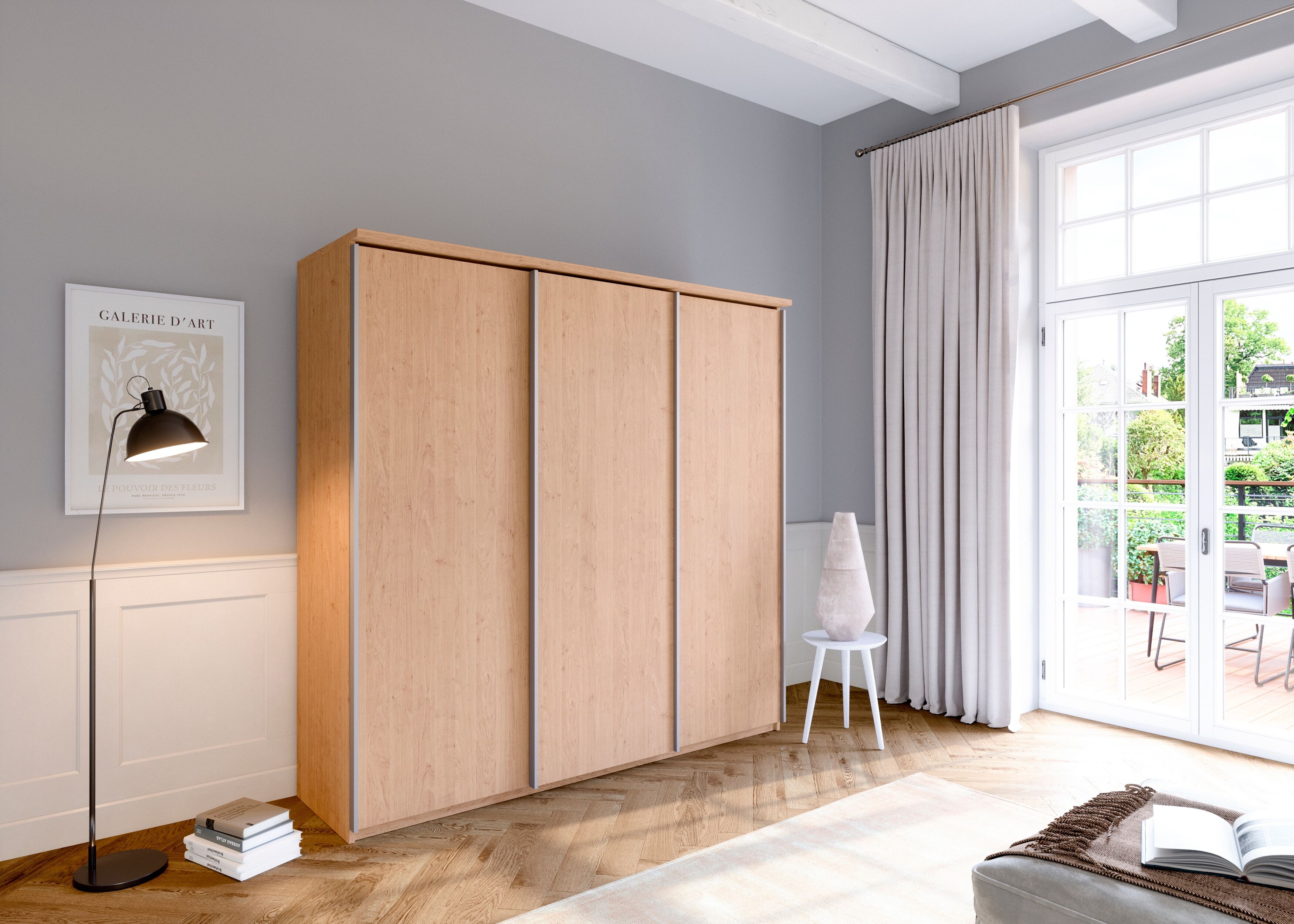 Schwebetürenschrank PRIESS "Arnsberg", grau (livorno buche), B:215cm H:211cm T:64,5cm, Holzwerkstoff, Schränke, Schwebetürenschrank